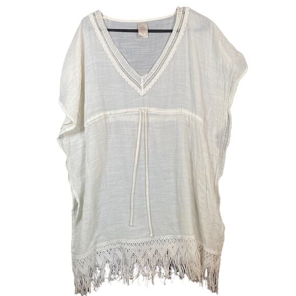 Knox Rose Sweaters - Knox Rose Womens Sweater Cream Poncho Shawl Sheer V Neck Fringe Boho XS